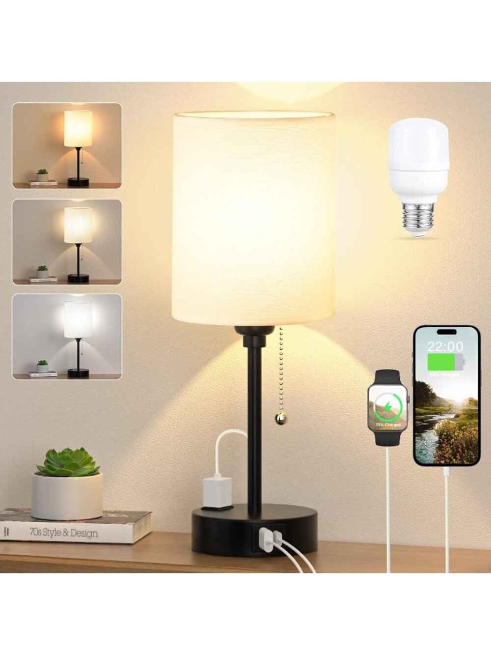 New Bedside Table Lamp for Bedroom - Small Desk Lamp with USB Ports